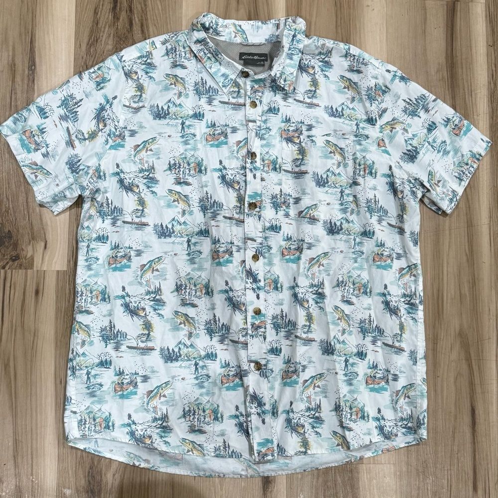 Eddie Bauer Button Down Fish Fishing Short Sleeve Tee Shirt Men’s XL